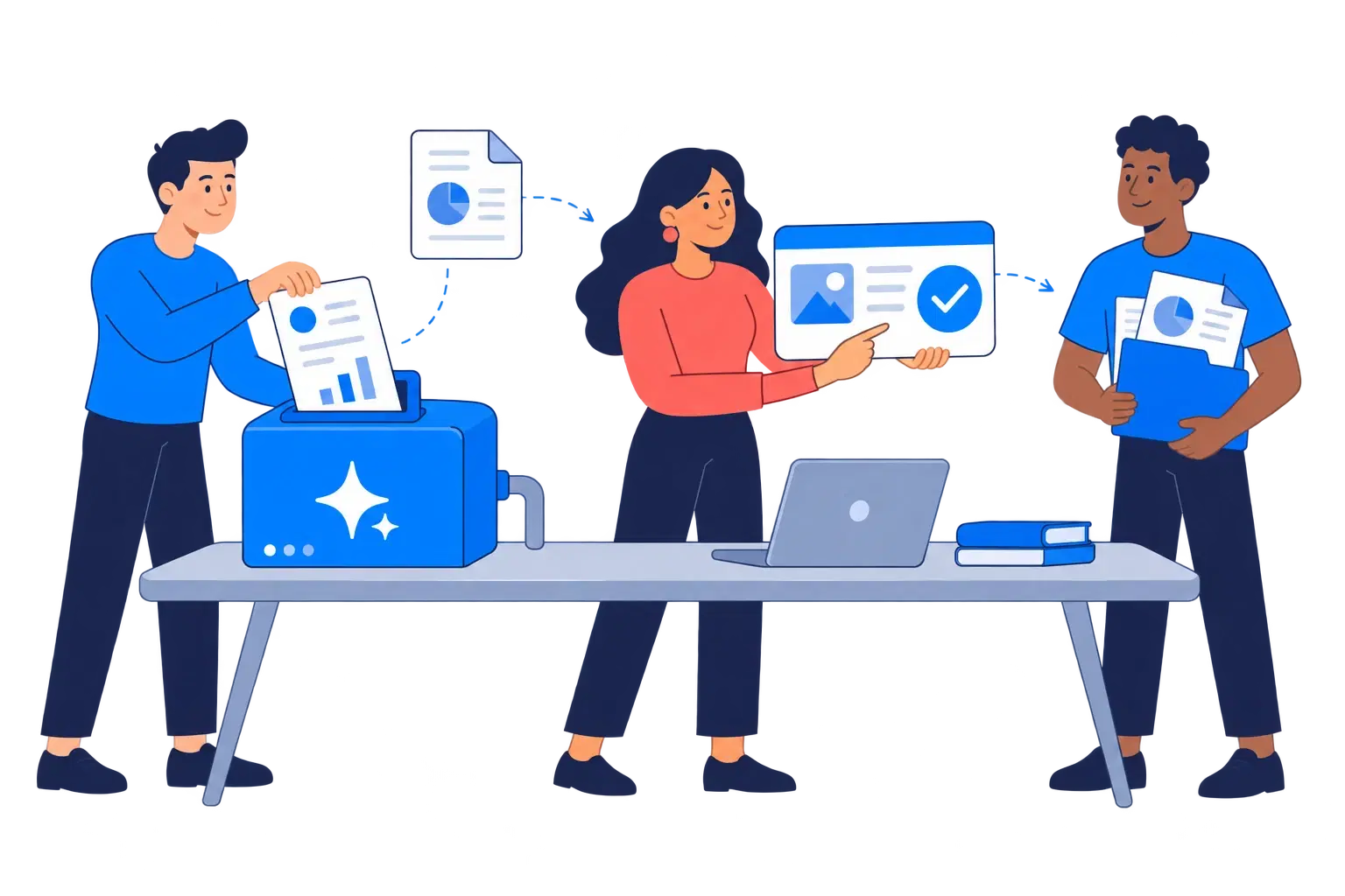 A delivery team feeds a document into an AI module, verifies the output and hands over the finished application with its documentation.