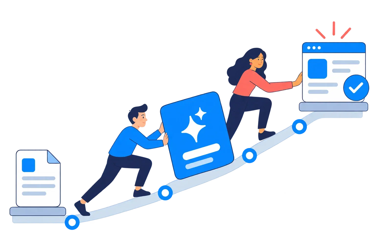 A product strategist pushes a selected AI capability along a roadmap from a document to a finished, verified application.