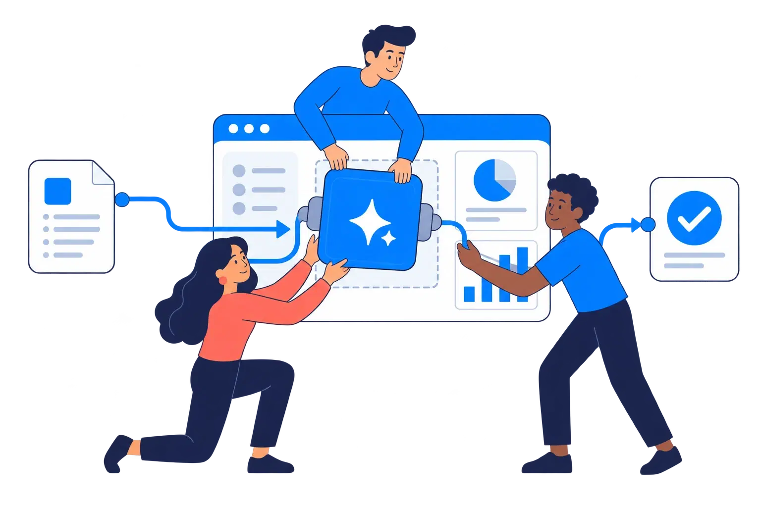 Engineers seat an AI module into an application, connect an input document to it and verify the checked output.