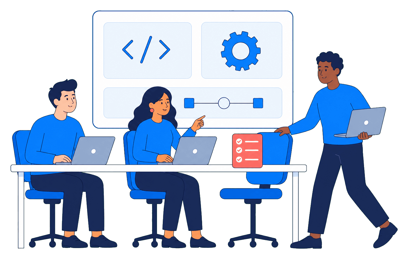 A software engineer joins an established development team at its shared workspace.